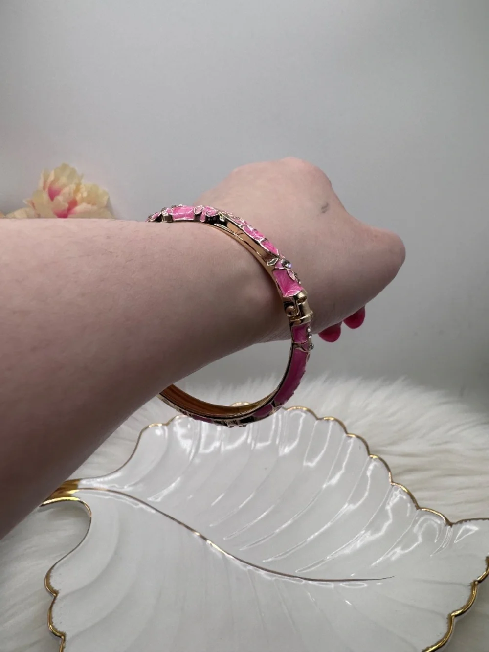 Pink Enamel Gold-Tone Floral Cloisonne Bangle Bracelet - Picture 5 of 6